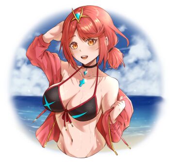 1girl alternate_costume aqua_gemstone arm_behind_head beach bikini black_bikini black_choker blue_sky breasts chest_jewel choker cleavage collarbone commentary_request core_crystal_(xenoblade) cropped_torso front-tie_bikini_top front-tie_top gem hair_tubes highres jacket kenichiart large_breasts navel ocean off_shoulder open_clothes open_jacket open_mouth ponytail pyra_(xenoblade) red_eyes red_hair red_jacket red_trim short_hair short_ponytail sky smile solo string_bikini swimsuit teeth tiara upper_teeth_only xenoblade_chronicles_(series) xenoblade_chronicles_2