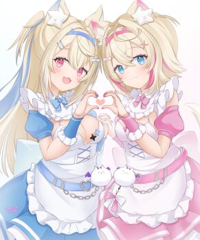 2girls animal_ear_fluff animal_ears apron aqua_bow aqua_dress bandaid bandaid_hair_ornament blonde_hair blue_dress blue_eyes blue_hair blue_nails blush bow breasts cake cleavage closed_mouth commentary_request dog_ears dog_girl dress fake_horns fingernails food frilled_apron frilled_dress frills fruit fuwawa_abyssgard hair_between_eyes hair_ornament hairband headphones heart heart_hands heart_hands_duo highres holding holding_hands hololive hololive_english horn_hairband horns long_hair long_sleeves looking_at_viewer maid maid_apron medium_breasts mococo_abyssgard multicolored_hair multiple_girls nail_polish open_mouth pink_bow pink_dress pink_eyes pink_hair pink_nails shoes short_hair siblings sisters smile tail twins upper_body usari_sk virtual_youtuber white_apron x_hair_ornament