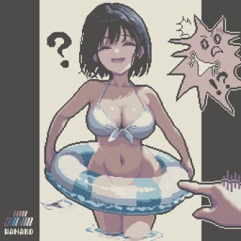 Rule 34 | 1girl, ?, bikini, bikini top only, black hair, breasts, buoy, cleavage, closed eyes, collarbone, embarrassed, highres, large breasts, navel, original, pixel art, pointing, short hair, simple background, solo, specialhanako, speech bubble, swimsuit, thighs, unworn bikini bottom, white bikini