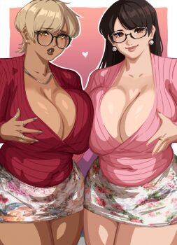 2girls absurdres alecto_0 breasts brown_eyes brown_hair cleavage cowboy_shot curvy earrings floral_print floral_print_skirt glasses heart highres huge_breasts jewelry long_hair low_neckline mature_female multiple_girls necklace original parted_lips pixie_cut print_skirt short_hair smile standing straight_hair thick_thighs thighs wide_hips