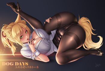 Rule 34 | 1girl, alternate costume, animal ears, black footwear, black pantyhose, blonde hair, breasts, commission, dog days, fox ears, fox girl, fox tail, green eyes, high heels, highres, large breasts, long hair, mad kimo, pantyhose, ponytail, shirt, short sleeves, solo, tail, thighband pantyhose, white shirt, yukikaze panettone