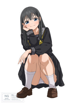 1girl absurdres akebi-chan_no_serafuku akebi_komichi aki_male2000 artist_name ass black_hair black_sailor_collar black_shirt black_skirt blue_eyes brown_shoes commentary_request full_body head_rest highres loafers looking_at_viewer neckerchief panties pantyshot sailor_collar shirt shoes simple_background skirt smile socks solo squatting tareme thighs twitter_username underwear white_background white_panties white_socks yellow_neckerchief