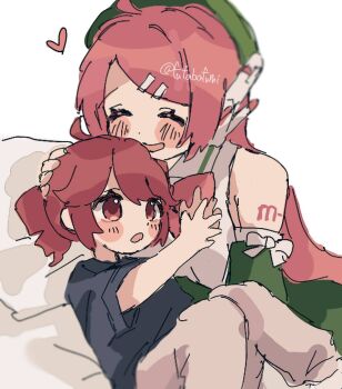 2girls aged_down beret child detached_sleeves dress drill_hair futabafumi green_dress happy hat highres kasane_teto momone_momo multiple_girls pink_hair red_eyes red_hair robot_ears shirt sleeveless smile twin_drills utau