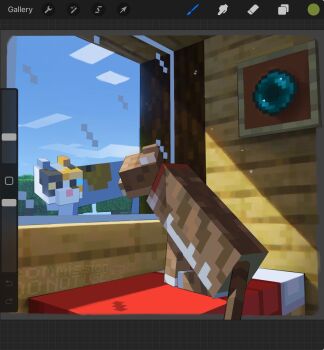 animal animal_focus art_program_in_frame bed brown_cat calico_(pattern) calico_cat cat cat_(minecraft) collar commentary commission ender_pearl english_commentary heterochromia highres indoors item_frame looking_at_another low_poly minecraft minecraft_(style) no_humans official_style procreate_(medium) procreate_(software) ravioli_(raviolicraft) sitting tail watermark window