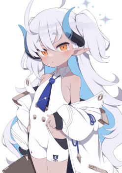 Rule 34 | 1girl, black gloves, blue archive, coat, colored inner hair, commentary request, dark-skinned female, dark skin, demon girl, demon horns, demon tail, fingerless gloves, gamuo, gloves, grey hair, horns, long hair, long sleeves, looking at viewer, midriff, multicolored hair, open clothes, open coat, orange eyes, parted lips, pointy ears, sidelocks, simple background, sleeveless, solo, sumomo (blue archive), tail, two-tone hair, two side up, white background, white coat