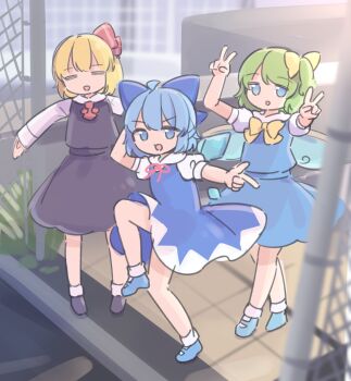 3girls ascot bad_tag black_shoes black_vest blonde_hair blue_bow blue_dress blue_eyes blue_hair bow bowtie chain-link_fence cirno closed_eyes coa_(chroo_x) commentary_request daiyousei detached_wings double_v dress embodiment_of_scarlet_devil fairy fairy_wings fence google_street_view green_hair hair_between_eyes hair_bow hair_ribbon high_school_girls_posing_for_google_street_view_(meme) highres ice ice_wings meme multiple_girls neck_ribbon outstretched_arms pinafore_dress puffy_short_sleeves puffy_sleeves raised_curb red_bow red_bowtie red_ribbon ribbon rumia shoes short_hair short_sleeves side_ponytail sidewalk skirt skirt_set sleeveless sleeveless_dress spread_arms standing standing_on_one_leg tactile_paving touhou v vest wings yellow_ascot yellow_bow yellow_ribbon