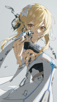 1girl absurdres blonde_hair breasts closed_mouth dress flower genshin_impact grey_background hair_flower hair_ornament highres hydrokinesis looking_at_viewer lumine_(genshin_impact) lupinu5 medium_breasts partially_translated reaching reaching_towards_viewer short_hair_with_long_locks smile solo translation_request water white_dress yellow_eyes