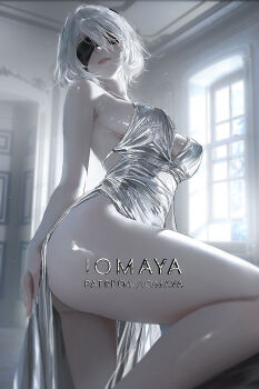 1girl 2b_(nier:automata) artist_name backless_dress backless_outfit bare_shoulders blindfold breasts commentary cosplay day dress english_commentary from_side highres indoors large_breasts looking_at_viewer medium_hair nier:automata nier_(series) nixeu paid_reward_available parted_lips patreon_username silver_dress solo st._louis_(azur_lane) st._louis_(azur_lane)_(cosplay) st._louis_(luxurious_wheels)_(azur_lane) white_hair window