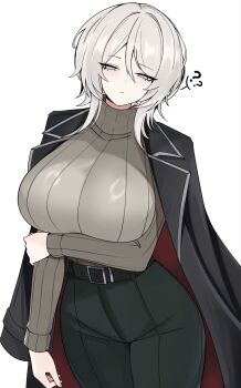 1girl ? belt black_belt black_jacket black_pants blue_eyes breasts brown_sweater commentary english_commentary faust_(project_moon) hand_on_own_arm highres huge_breasts jacket jacket_on_shoulders limbus_company m_ayonessa pants project_moon short_hair simple_background solo sweater turtleneck turtleneck_sweater white_background white_hair