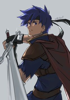 Rule 34 | 1boy, blue eyes, blue hair, cape, commentary request, fire emblem, fire emblem: path of radiance, grey background, headband, highres, holding, holding sword, holding weapon, ike (fire emblem), male focus, nintendo, short hair, solo, studio sugimoto, sword, weapon