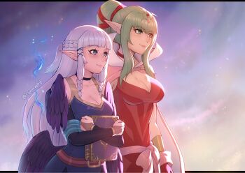 2girls artist_name belt black_choker blue_dress blue_eyes blue_hair book braid breasts cape choker cleavage dress evomanaphy feathered_wings fire_emblem fire_emblem_awakening freckles green_eyes green_hair highres holding holding_book large_breasts long_hair looking_to_the_side medium_breasts multiple_girls multiple_wings nintendo original pointy_ears ponytail red_choker red_dress signature smile sunrise tiki_(adult)_(fire_emblem) tiki_(fire_emblem) wings