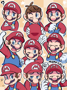 1boy :d ;) =_= ? ^_^ absurdres big_nose blue_eyes blue_overalls brown_hair checkered_background clenched_hands closed_eyes cropped_torso crossed_arms facial_hair gloves half-closed_eyes hand_on_own_head hand_up hands_on_headwear hat highres long_sleeves looking_to_the_side male_focus mario mario_(series) multiple_expressions multiple_views mustache newsboy_cap nintendo one_eye_closed open_mouth overalls raised_eyebrow red_hat red_shirt serious shirt short_hair sideburns smile star_(symbol) teeth thinking twitter_username unworn_headwear upper_body white_gloves yamari_(ya_mari_6363) yawning