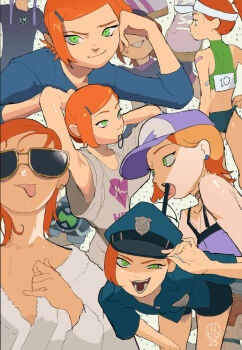 1boy bare_shoulders ben_10 ben_tennyson black_shorts blue_hat blue_shirt commentary cosplay cup drinking_straw english_commentary from_behind green_eyes green_shirt gwen_tennyson gwen_tennyson_(cosplay) hand_in_own_hair hand_on_own_hat hat holding holding_cup long_sleeves looking_at_viewer looking_to_the_side matchattea medium_hair multiple_pov omnitrix orange_hair police police_uniform pov purple_hat purple_shirt shirt shorts sleeveless smile sportswear sunglasses tongue tongue_out trap white_background white_shirt