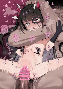 1boy 1girl asphyxiation bar_censor black_eyes black_hair blush brown_dust_(series) brown_dust_2 censored collar erection flat_chest gloves grey_eyes highres horns large_penis loli long_hair moaning nipples penis pubic_hair rough_sex saliva sex sikosiya sonya_(brown_dust_2) stomach_bulge sweat tears testicles twintails vaginal veins veiny_penis