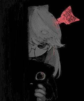 1girl animal arrow_(projectile) arrow_in_body arrow_in_head black_background cat cat_(off_script) eve_(musician) eyelashes film_grain glasses greyscale highres holding holding_animal holding_cat lazy_cat_(song) long_hair looking_at_viewer monochrome no_mouth no_nose object_through_head off_script_(character) oversized_eyewear peeking round_eyewear spot_color tntnsstn