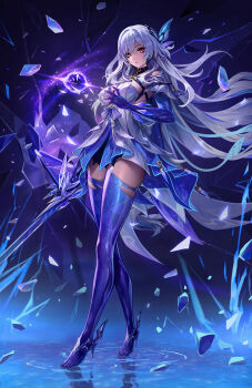 1girl breasts commentary dress english_commentary full_body genshin_impact grey_hair hair_between_eyes hair_ornament hand_up highres imdrunkontea large_breasts long_hair looking_at_viewer parted_lips prosthesis prosthetic_arm prosthetic_leg red_eyes revision ripples skirk_(genshin_impact) solo standing very_long_hair water
