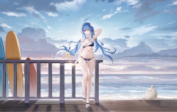 1girl absurdres ahoge arm_up armpits azur_lane bikini black_bikini blue_hair breasts cloud cloudy_sky criss-cross_halter cup drink drinking_glass drinking_straw flower hair_flower hair_ornament halterneck hand_in_own_hair haori_io helena_(azur_lane) helena_(shimmering_triangle_wave)_(azur_lane) highres long_hair looking_at_viewer medium_breasts multicolored_bikini multicolored_swimsuit navel non-web_source official_alternate_costume official_art palm_leaf palm_tree purple_eyes railing revision sky solo stomach swimsuit tree two-tone_bikini very_long_hair white_bikini white_flower wooden_railing wristband