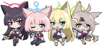 4girls :d ;) animal_ear_fluff animal_ears aqua_eyes assault_rifle black_gloves black_hair black_pantyhose black_sailor_collar black_skirt black_thighhighs blonde_hair blue_archive blue_eyes blue_halo blunt_bangs blunt_ends blush brown_gloves brown_hair chibi chibi_only closed_mouth commentary_request fingerless_gloves fox_ears fox_girl fox_platoon_(blue_archive) fox_shadow_puppet frown full_body gloves green_eyes green_halo gun h&amp;k_hk416 halo hand_on_own_hip hand_up highres holding holding_gun holding_weapon knee_pads kurumi_(blue_archive) long_hair long_sleeves looking_at_viewer medium_hair miniskirt minowa_sukyaru multiple_girls neckerchief niko_(blue_archive) one_eye_closed open_mouth otogi_(blue_archive) outstretched_arms pantyhose pink_hair pleated_skirt red_eyes red_halo red_neckerchief rifle sailor_collar sailor_shirt school_uniform serafuku shirt sidelocks simple_background sitting skirt smile smug standing thighhighs twitter_username v-shaped_eyebrows very_long_hair weapon white_background white_shirt yokozuwari yukino_(blue_archive) zettai_ryouiki