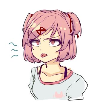 1girl animal_print annoyed arms_at_sides bob_cut bra_strap breasts casual cat_print close-up collarbone commentary cropped_torso doki_doki_literature_club eyelashes frown furrowed_brow hair_ornament hair_ribbon ituu_kiriko looking_afar looking_ahead narrowed_eyes natsuki_(doki_doki_literature_club) pink_eyes pink_hair pink_trim portrait print_shirt red_ribbon ribbon shirt short_hair simple_background sketch small_breasts solo squiggle swept_bangs t-shirt tongue tongue_out two_side_up unhappy upper_body upturned_eyes v-shaped_eyebrows white_background white_shirt x_hair_ornament