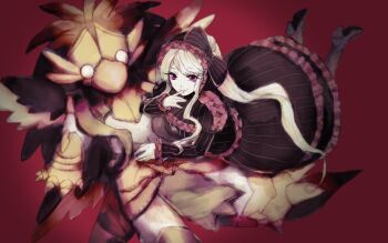 Rule 34 | 1boy, 1girl, black dress, colored skin, dress, gothic lolita, horocca, lolita fashion, long hair, looking at viewer, overlord (maruyama), peroroncino, ponytail, red eyes, shalltear bloodfallen, white hair, white skin