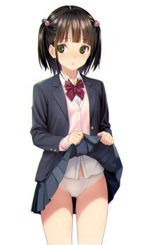 1girl black_hair black_jacket black_skirt blazer bow bowtie clothes_lift green_eyes hair_bobbles hair_ornament jacket koutaro lifting_own_clothes miniskirt original panties pink_vest red_bow red_bowtie school_uniform shirt short_hair simple_background skirt skirt_lift solo two_side_up underwear vest white_background white_panties white_shirt