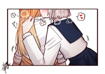 2girls black_sailor_collar black_skirt blush commentary_request ear_blush from_behind gakuen_idolmaster h77kobato heart highres idolmaster katsuragi_lilja kiss kissing_neck long_hair multiple_girls orange_hair sailor_collar shirt shiun_sumika short_hair skirt spoken_heart white_background white_hair white_shirt yuri