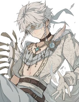 1boy absurdres aqua_gemstone belt blindfold braid brooch brown_belt brown_choker choker colored_blindfold ear_piercing earrings eli_clark eli_clark_(white) facial_mark feathers gem gloves highres identity_v jewelry male_focus navel official_alternate_costume open_clothes pendant piercing smile solo tunic twin_braids upper_body white_feathers white_gloves white_hair white_tunic wkoneda