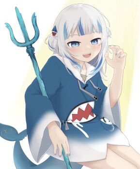 Rule 34 | 1girl, absurdres, aka tadaima, blue dress, blue eyes, blue nails, blue streaks, commentary, commentary request, cowboy shot, dress, english commentary, fins, fish tail, gawr gura, grey hair, highres, holding, holding polearm, holding weapon, hololive, hololive english, long sleeves, looking at viewer, mixed-language commentary, multicolored hair, polearm, shark tail, sharp teeth, solo, streaked hair, tail, teeth, trident, virtual youtuber, weapon, wide sleeves