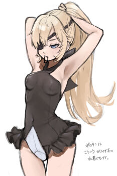 1girl adjusting_hair armpits arms_up black_one-piece_swimsuit blonde_hair blue_eyes breasts commentary_request eyepatch goddess_of_victory:_nikke guillotine_(nikke) hair_tie_in_mouth hands_in_own_hair highres long_hair mouth_hold one-piece_swimsuit ponytail simple_background small_breasts solo swimsuit translation_request tuki_neko9 tying_hair white_background