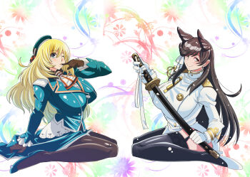 Rule 34 | 2girls, animal ears, atago (azur lane), atago (kancolle), azur lane, beret, black pantyhose, black thighhighs, blonde hair, breasts, brown hair, commentary request, crossover, finger to mouth, garter straps, hat, high heels, historical name connection, holding, holding sword, holding weapon, kantai collection, large breasts, long hair, looking at viewer, military uniform, multiple girls, name connection, one eye closed, pantyhose, parted lips, rebasuto, sitting, sword, thighhighs, wariza, weapon