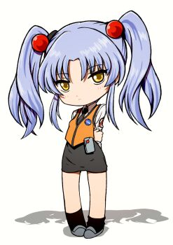 Rule 34 | 1girl, arms behind back, beeru (veil8801), black necktie, black skirt, blue hair, breasts, brown socks, closed mouth, collared shirt, commentary request, deformed, frown, full body, grey shoes, hair bobbles, hair ornament, hand on own arm, highres, hoshino ruri, kidou senkan nadesico, medium hair, miniskirt, necktie, orange vest, pencil skirt, shadow, shirt, shoes, sidelocks, simple background, skirt, small breasts, socks, solo, twintails, vest, white background, white shirt, yellow eyes
