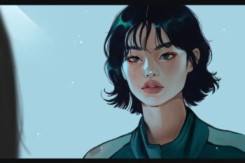1girl aqua_background asian black_hair eyelashes green_track_suit grey_eyes highres kang_sae-byeok letterboxed light_particles looking_at_another monolids parted_lips short_hair squid_game thick_eyebrows thick_lips track_suit upper_body wavy_hair wispy_bangs zeebythesea