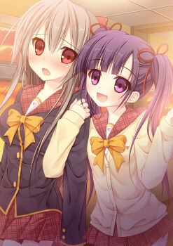 2girls :d aoi_aruma arm_at_side black_jacket bow bowtie breasts buttons cardigan commentary_request covered_erect_nipples cowboy_shot evening flat_chest grey_hair hair_ribbon indoors jacket large_breasts locked_arms long_hair long_sleeves looking_at_another miniskirt multiple_girls open_mouth original plaid_clothes plaid_skirt pleated_skirt purple_eyes purple_hair red_eyes red_ribbon red_sailor_collar ribbon sailor_collar school_uniform serafuku skirt smile standing top_of_moe_2013 twintails window yellow_bow yellow_bowtie yellow_cardigan