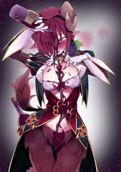 1girl alcohol between_breasts bottle breast_cutout breasts bust_cup eyebrows_visible_through_hat eyes_visible_through_hair fluffy food fruit grapes highres horns jewelry large_breasts liquid monster_girl monster_girl_encyclopedia monster_girl_encyclopedia_ii pointy_ears purple_eyes red_hair satyr satyros_(monster_girl_encyclopedia) segmented_horns simple_background sweat sweatdrop tyomoti wine wine_bottle