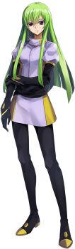 1girl black_gloves black_pantyhose breasts code_geass code_geass:_genesic_re;code elbow_gloves elein full_body gloves green_hair long_hair looking_at_viewer medium_breasts official_art pantyhose purple_eyes sidelocks simple_background solo standing transparent_background