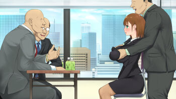 1girl 3boys black_hair breasts brown_hair chair dark-skinned_male dark_skin glasses green_eyes interview multiple_boys office office_chair open_mouth short_hair someoka_yusura swivel_chair