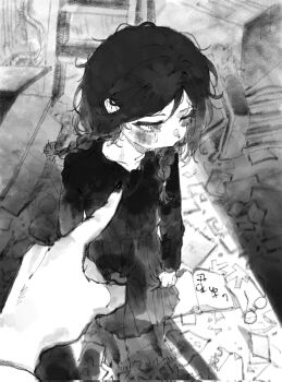 2girls aged_down averting_eyes barefoot blush box braid cardboard_box clutching_clothes crying crying_with_eyes_open danganronpa_(series) dress foreshortening fukawa_toko greyscale hamuseutta highres ladder long_hair long_sleeves low_twin_braids messy_room monochrome multiple_girls nail_polish notebook paper_doll_chain pleated_dress pointing pointing_at_another pov pov_hands scolding shadow solo_focus standing tears twin_braids unworn_eyewear