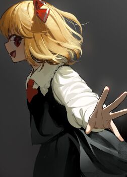 1girl black_background black_dress blonde_hair dress hair_ribbon highres open_mouth red_eyes red_ribbon ribbon rumia short_hair smile solo suna_(s73d) touhou