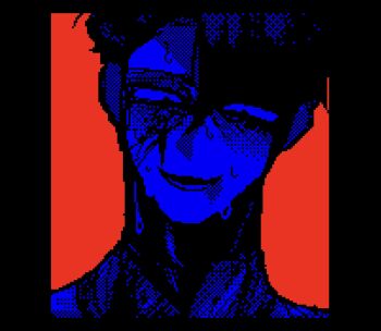 1boy 9aaaalt29 black_border border color_contrast commentary_request dead_plate high_contrast highres lower_teeth_only male_focus open_mouth pixel_art portrait red_background short_hair simple_background smile solo sweat teeth very_short_hair vincent_charbonneau