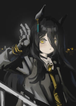 1girl arm_up black_choker black_coat black_gloves black_shirt choker coat contrast_collar dom1 gloves long_sleeves manhattan_cafe_(creeping_black)_(umamusume) manhattan_cafe_(umamusume) necktie parted_lips railing shirt solo umamusume yellow_eyes yellow_necktie