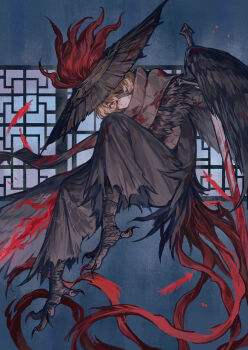 Rule 34 | 1boy, absurdres, animal legs, bandage on face, bandage over one eye, bandages, bird legs, blood, blood on clothes, brown cloak, brown hat, brown robe, brown scarf, chinese commentary, cloak, commentary request, feather tail, feathered cloak, feathers, full body, hat, heishou pack-you branch (identity) (project moon), highres, holding, holding sword, holding weapon, limbus company, looking at viewer, male focus, monster boy, project moon, red eyes, red feathers, rice hat, robe, rooster tail, scarf, sinclair (project moon), sword, tail, talons, weapon, yingu494