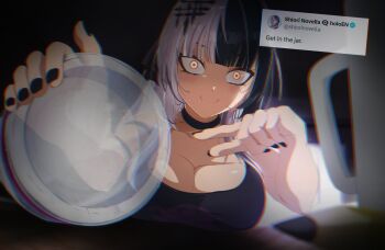1girl alicemagic black_choker black_hair black_nails black_tank_top blurry blush breasts choker chromatic_aberration cleavage depth_of_field giant giantess hashtag-only_commentary highres holding holding_jar hololive hololive_english jar large_breasts long_sidelocks looking_at_viewer multicolored_hair pointing pov shiori_novella sidelocks smile split-color_hair tank_top tweet virtual_youtuber white_hair yellow_eyes