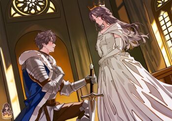 1boy 1girl armor armored_boots armored_gloves blue_jacket blush boots breasts brown_hair brown_pants caleb_(love_and_deepspace) crown dress elbow_gloves feet_out_of_frame fur-trimmed_jacket fur_trim gloves hair_between_eyes hand_on_own_chest highres holding holding_sword holding_weapon jacket knight long_dress long_hair love_and_deepspace medium_breasts on_one_knee open_mouth pants parted_bangs princess protagonist_(love_and_deepspace) short_hair shoulder_armor smile sword tako_drawing talking weapon white_dress white_gloves window