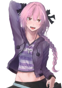 1boy androgynous aqua_belt arm_behind_head astolfo_(fate) astolfo_(memories_at_trifas)_(fate) belt black_bow black_skirt bow braid commentary crop_top cropped_jacket cropped_shirt fangs fate/apocrypha fate_(series) groin hair_bow hair_intakes highres hood hooded_jacket jacket light_blush long_hair male_focus midriff multicolored_hair natsuishi_nana navel official_alternate_costume open_mouth pink_eyes pink_hair pleated_skirt pom_pom_(clothes) purple_jacket shirt simple_background single_braid skirt smile solo streaked_hair striped_clothes striped_shirt v-neck white_background white_hair