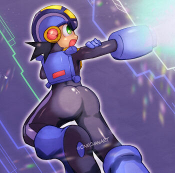 1boy arm_cannon armor artist_name ass black_bodysuit black_hair bodysuit glowing green_eyes helmet male_focus mega_man_(series) mega_man_battle_network megaman.exe onechanart solo weapon