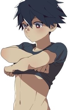 1boy batsusuke black_hair clothes_lift hair_between_eyes highres kemono_jihen kusaka_kabane male_focus midriff_peek shirt shirt_lift solo toned toned_male white_background