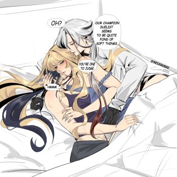 3girls arlecchino_(genshin_impact) black_garter_straps black_hands blonde_hair blue_dress blue_eyes blue_nails breasts clorinde_(genshin_impact) colored_extremities commentary dildo dress english_commentary english_text fff_threesome garter_straps genshin_impact girl_sandwich group_sex half-closed_eyes highres large_breasts multiple_girls navia_(genshin_impact) on_bed parted_lips pillow purple_hair red_eyes sandwiched scar scar_on_arm seijousai sex_toy shirt smile speech_bubble strap-on strap_slip threesome under_covers white_hair white_shirt yuri