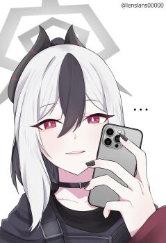 Rule 34 | ..., 1girl, absurdres, black choker, black hair, black hoodie, black horns, black nails, blue archive, cellphone, choker, collarbone, commentary, demon horns, hair between eyes, halo, highres, holding, holding phone, hood, hoodie, horns, iphone, kayoko (blue archive), lenslans, looking at viewer, mole, mole on collarbone, multicolored hair, parted lips, phone, portrait, red eyes, sidelocks, simple background, smartphone, solo, twitter username, two-tone hair, white background, white hair