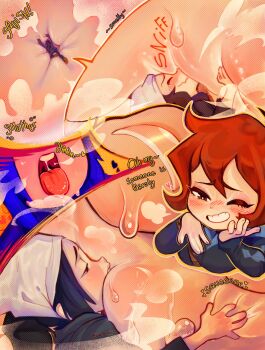 2023 2girls absurdres akari_(pokemon) arezu_(pokemon) asphyxiation black_hair blue_hoodie blue_jacket blurry blush breasts carrying carrying_person clenched_hands close-up comic commentary cowlick depth_of_field english_commentary english_text feet foot_focus foreshortening from_below galaxy_expedition_team_survey_corps_uniform hair_between_eyes headscarf heart highres holdinggiantess hood hood_down hoodie inside_shoes jacket layered_legwear leggings long_sleeves medium_breasts mini_person minigirl miniskirt multiple_girls multiple_views naughty_face nintendo nose_blush one_eye_closed onkinky open_mouth panels pokemon pokemon_legends:_arceus ponytail puffy_long_sleeves puffy_sleeves red_eyes red_hair red_scarf scarf short_hair sidelocks size_difference skirt socks spread_fingers stepped_on surprised tareme teeth toenails trampling trapped upper_teeth_only