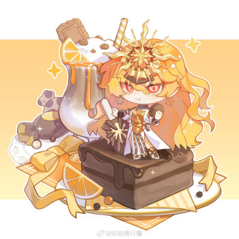 1girl armor augusta_(wuthering_waves) border breastplate candy_wrapper chibi chibi_only chocolate cup dress drinking_glass earrings eating food fruit guguge headgear highres ice_cream ice_cream_float jewelry long_hair looking_at_viewer missing_commentary orange_(fruit) orange_background orange_hair orange_slice red_eyes solo standing sun_earrings white_border white_dress wuthering_waves